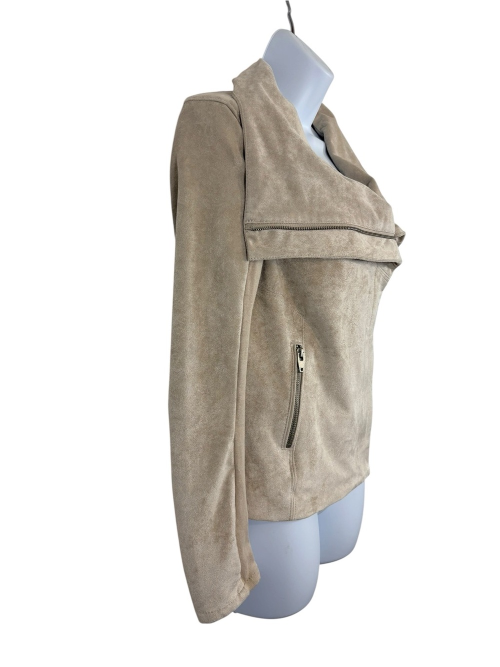 SL8 Beige Faux Suede Moto Jacket Size Small Asymmetrical Zip Draped Collar - Picture 2 of 14